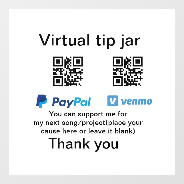 Virtual tip jar q r code money donation PayPal ven Window Cling (Sheet)