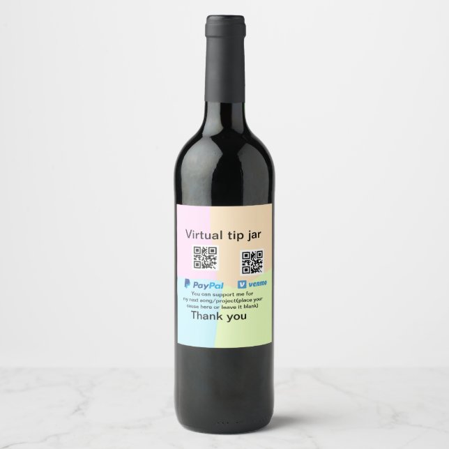 Virtual tip jar q r code money donation PayPal ven Wine Label (Front)