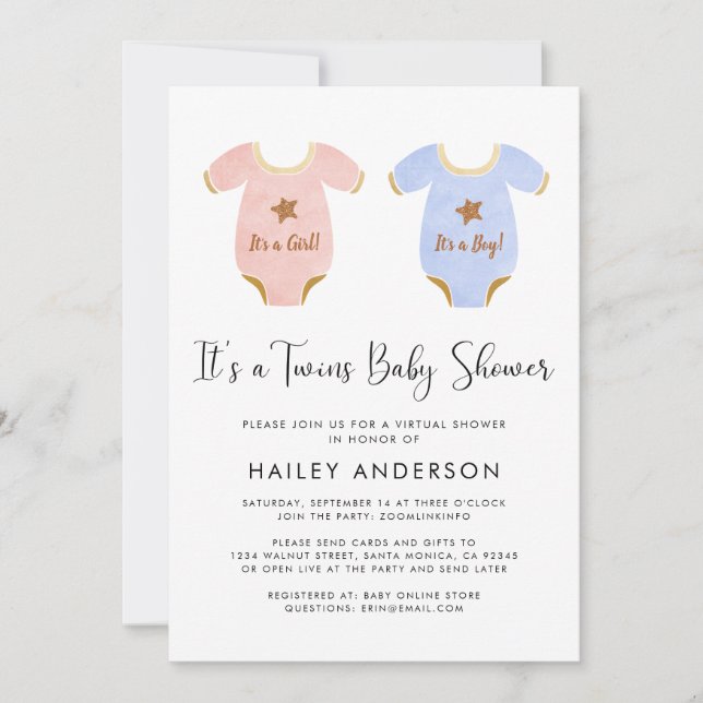 Virtual Twin Girl Boy Watercolor Baby Shower Invitation (Front)