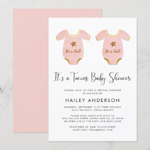 Virtual Twin Girls Watercolor Baby Shower Invitation
