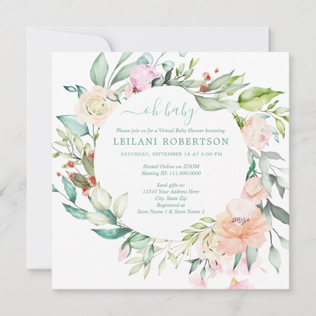 Virtual Watercolor Floral Wreath Oh Baby Shower Invitation (Front)