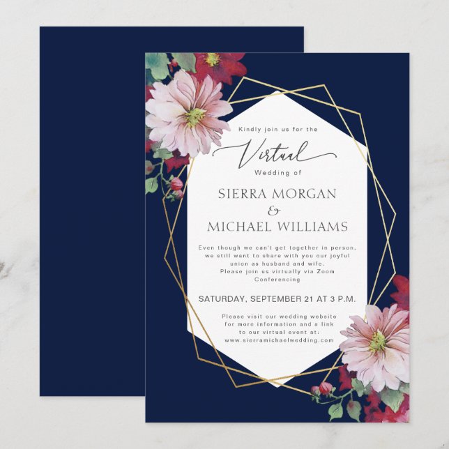 Virtual Wedding Blush Burgundy Gold Navy Blue Invitation (Front/Back)