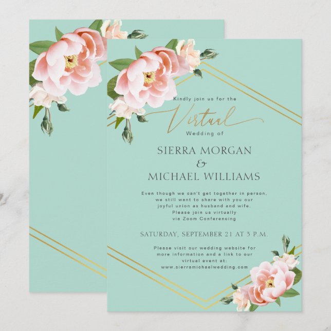 Virtual Wedding Blush Floral Peony Gold Mint Green Invitation (Front/Back)