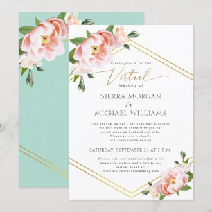 Virtual Wedding Blush Peony Floral Gold Mint Green Invitation