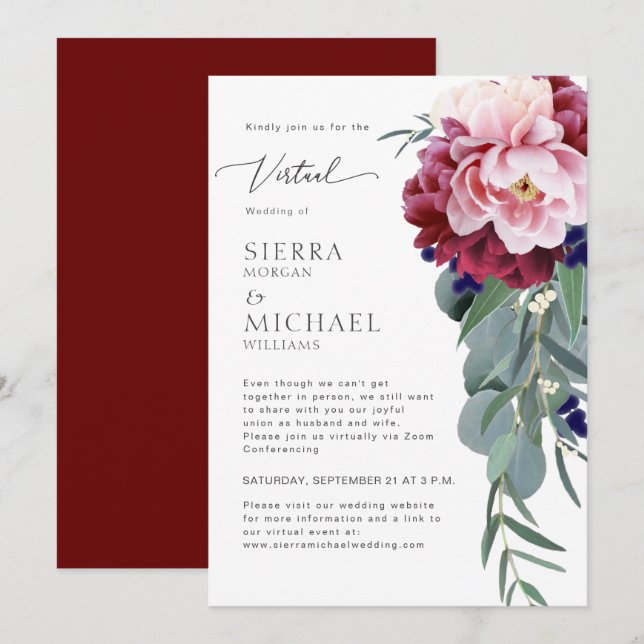 Virtual Wedding Blush Pink Burgundy Floral Foliage Invitation (Front/Back)