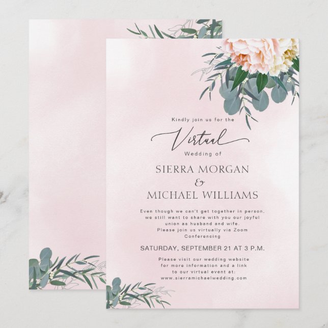 Virtual Wedding Blush Pink Peony Watercolor Invitation (Front/Back)