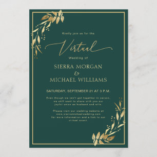 Virtual Wedding Chic Golden Foliage Emerald Green Invitation