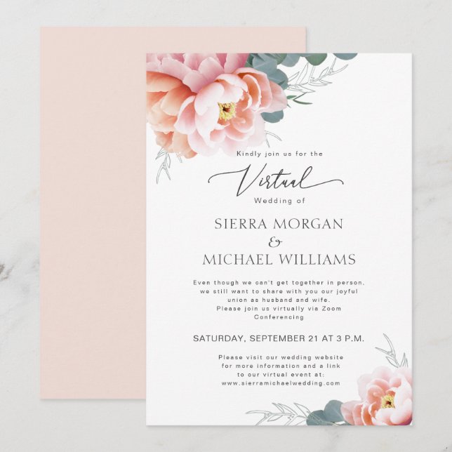 Virtual Wedding Floral Blush Pink Peach Peony Invitation (Front/Back)