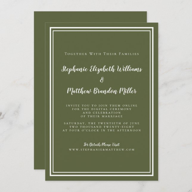 Virtual Wedding Olive Green Minimalist Livestream Invitation (Front/Back)