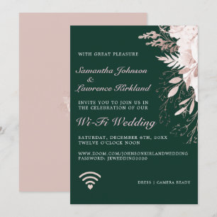 Virtual WiFi Dusty Rose Floral Dark Green Wedding Invitation