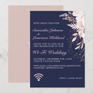 Virtual WiFi Wedding Dusty Rose Floral Navy Blue Invitation