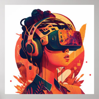 Virtual worlds: woman wearing VR headset Poster