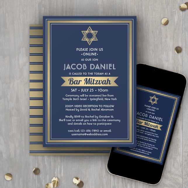 Virtual Zoom Bar Mitzvah Navy Blue White & Gold Invitation (Creator Uploaded)
