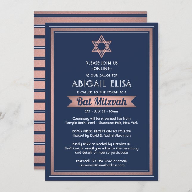 Virtual Zoom Bat Mitzvah Navy Blue Pink Rose Gold Invitation (Front/Back)