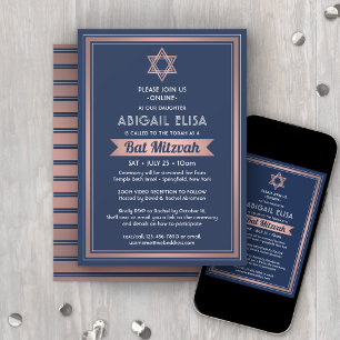 Virtual Zoom Bat Mitzvah Navy Blue Pink Rose Gold Invitation