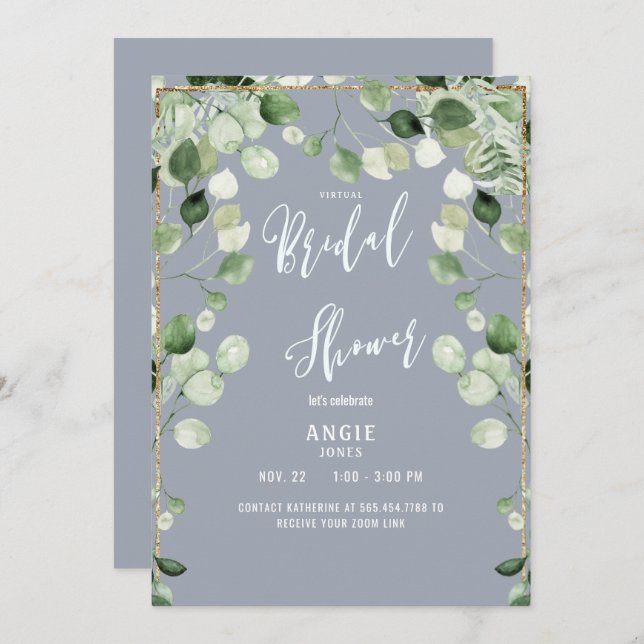 Virtual Zoom Bridal Shower Foliage Dusty Blue Invi Invitation (Front/Back)