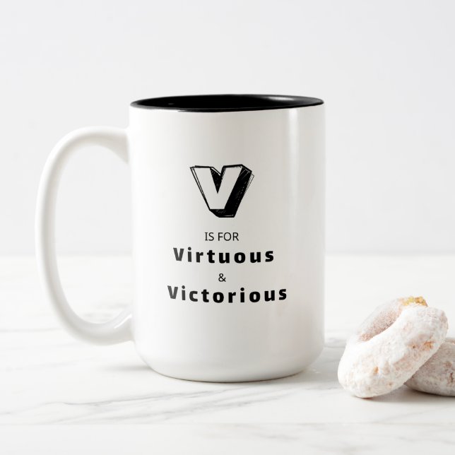 Virtuous and Victorious V - Personalised Luxury Two-Tone Coffee Mug (With Donut)