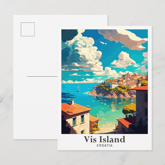 Vis Island Croatia Travel Vintage Illustration Postcard (Front/Back)