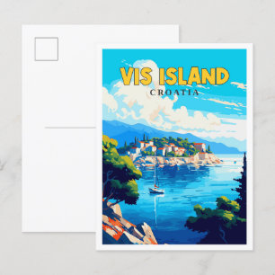 Vis Island Croatia vintage travel illustration Postcard