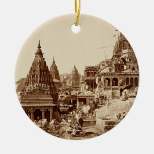 Vishnu Pud and Other Temples, Benares (sepia photo Ceramic Tree Decoration