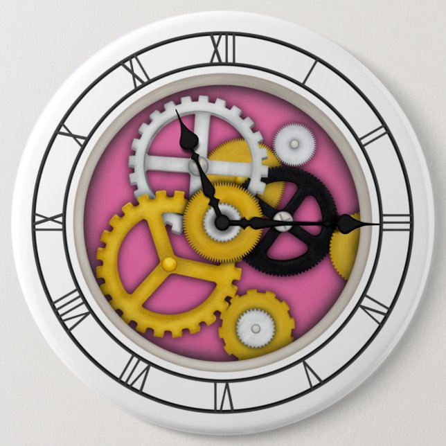 Visible Clockwork Illusion Fanciful Clock Art Pink 6 Cm Round Badge (Front)