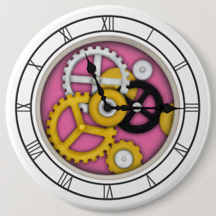 Visible Clockwork Illusion Fanciful Clock Art Pink 6 Cm Round Badge