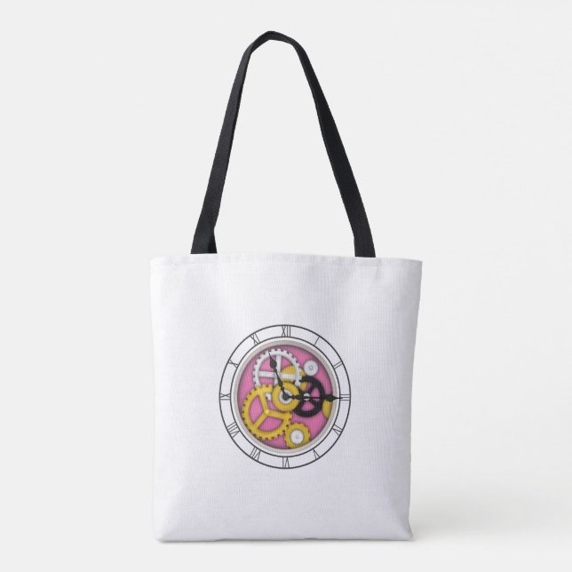 Visible Clockwork Illusion Fanciful Clock Art Pink Tote Bag (Back)