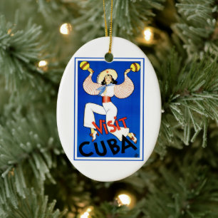Visit Havana, Cuba, Vintage Travel Poster Maracas Ceramic Tree Decoration