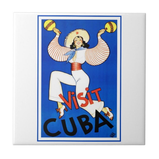 Visit Havana, Cuba, Vintage Travel Poster Maracas Tile (Front)
