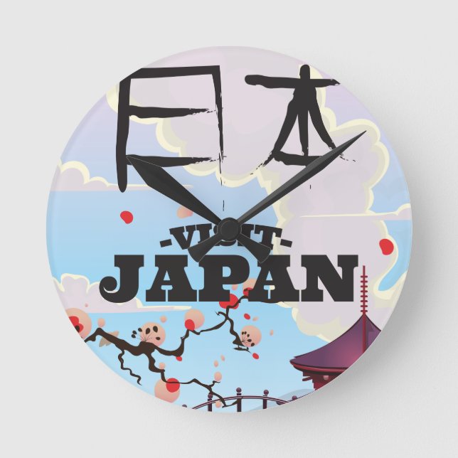 Visit Japan retro travel poster. Round Clock (Front)