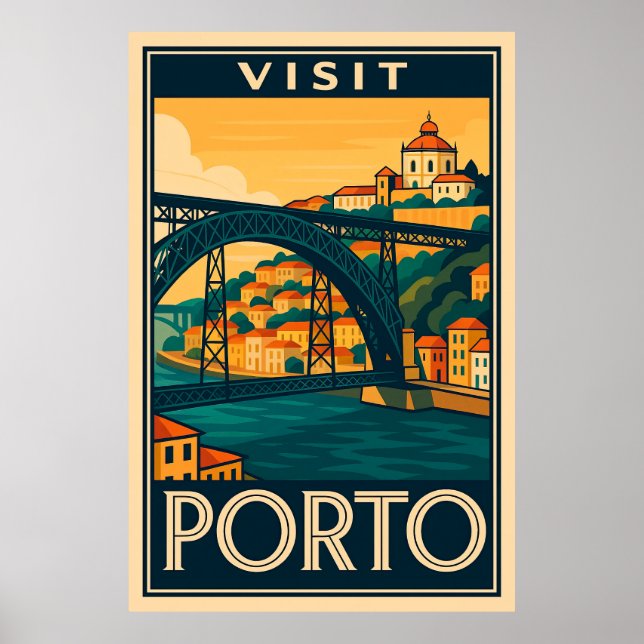 Visit Porto Portugal Retro Travel Poster  Art Deco (Front)