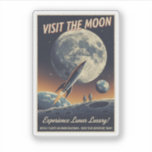 Visit the Moon - Retro travel poster<br><div class="desc">Take a cosmic journey with this vibrant, retro-futuristic sticker! Inspired by the golden age of science fiction and classic mid-century travel advertising, this design invites you to "Visit The Moon." Perfect for space enthusiasts, sci-fi fans, and collectors of vintage art, this high-quality sticker is a stylish way to customise your...</div>