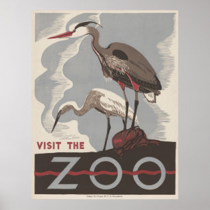 Visit The Zoo Heron Vintage WPA Poster