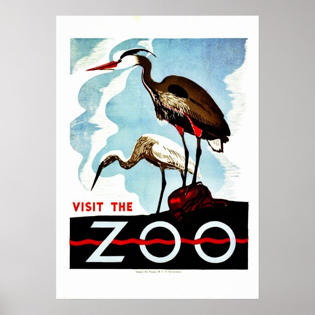 Visit the Zoo, herons, vintage retro WPA Poster (Front)