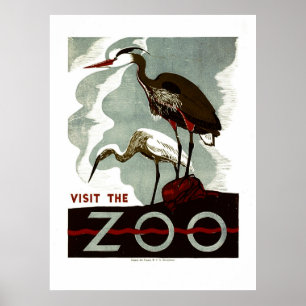 Visit the Zoo - WPA Poster with herons or cranes
