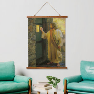 Visitation at Dawn Jesus Knocking on a Rustic Door Hanging Tapestry