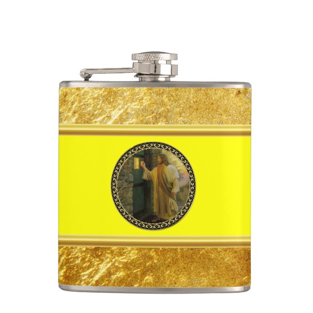 Visitation at Dawn Jesus Knocking on a Rustic Door Hip Flask (Front)