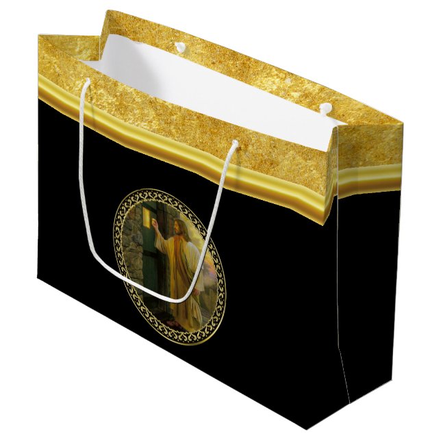 Visitation at Dawn Jesus Knocking on a Rustic Door Large Gift Bag (Front Angled)