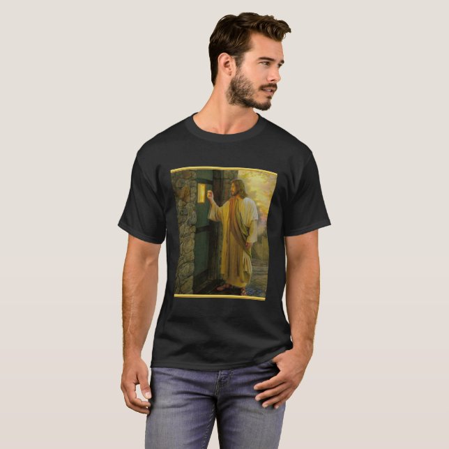 Visitation at Dawn Jesus Knocking on a Rustic Door T-Shirt (Front Full)