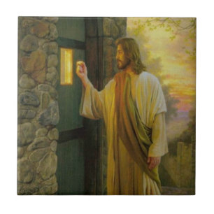 Visitation at Dawn Jesus Knocking on a Rustic Door Tile