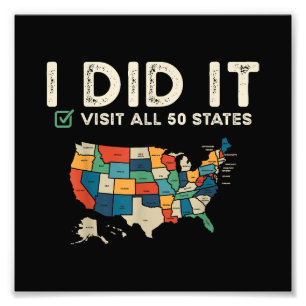 Visited All 50 US States - USA Map Travel - Visit Photo Print