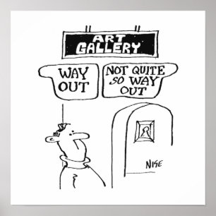 Visitor is bemused by signs in an art gallery
