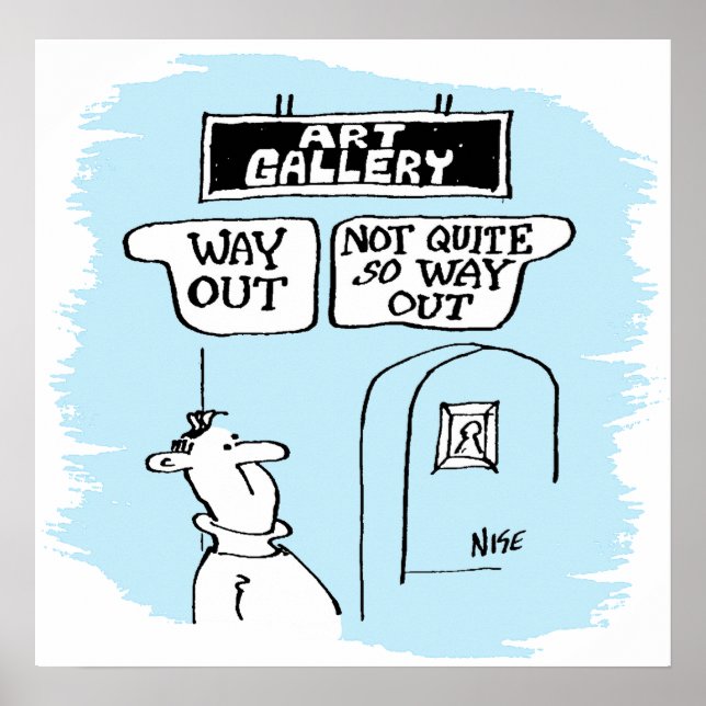 Visitor is bemused by signs in an art gallery (Front)