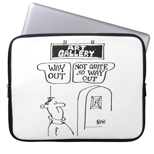 Visitor is bemused by signs in an art gallery laptop sleeve (Front)