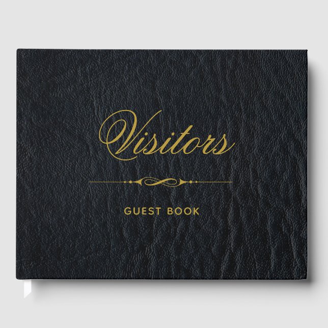 Visitors Faux Black Leather Elegant Guest Book (Front)