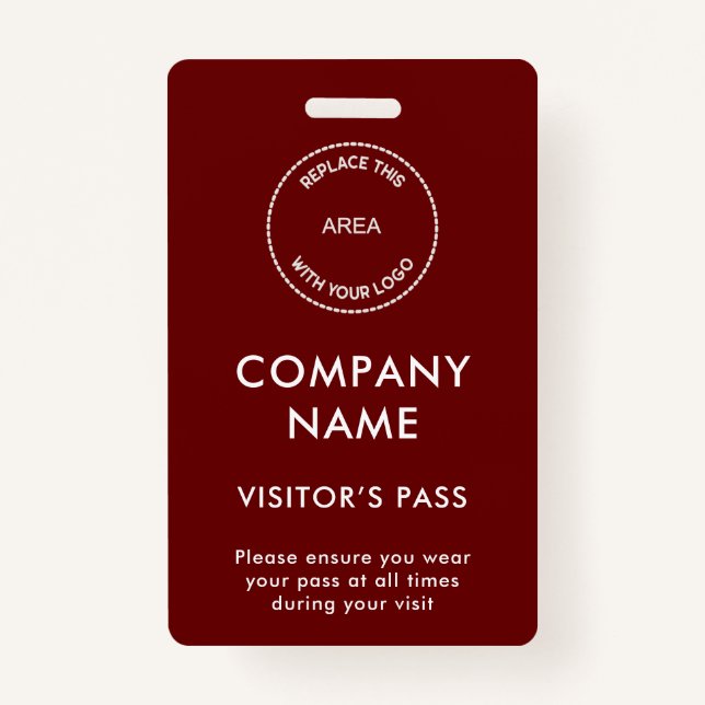 Visitors Pass Company Name Logo Burgundy White ID Badge (Front)