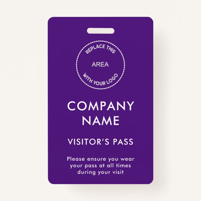 Visitors Pass Company Name Logo Purple White ID Badge (Front)
