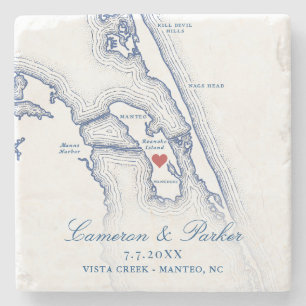 Vista Creek Wedding Manteo NC Map Navy Blue Favour Stone Coaster