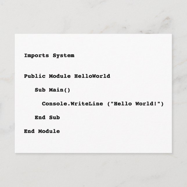 Visual Basic Hello World Greeting Postcard (Front)
