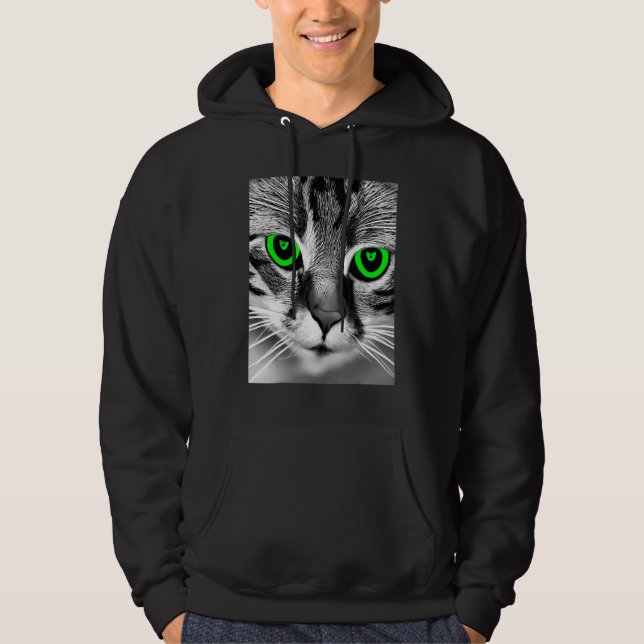Visually Striking Image of Black & White Cat Green Hoodie (Front)